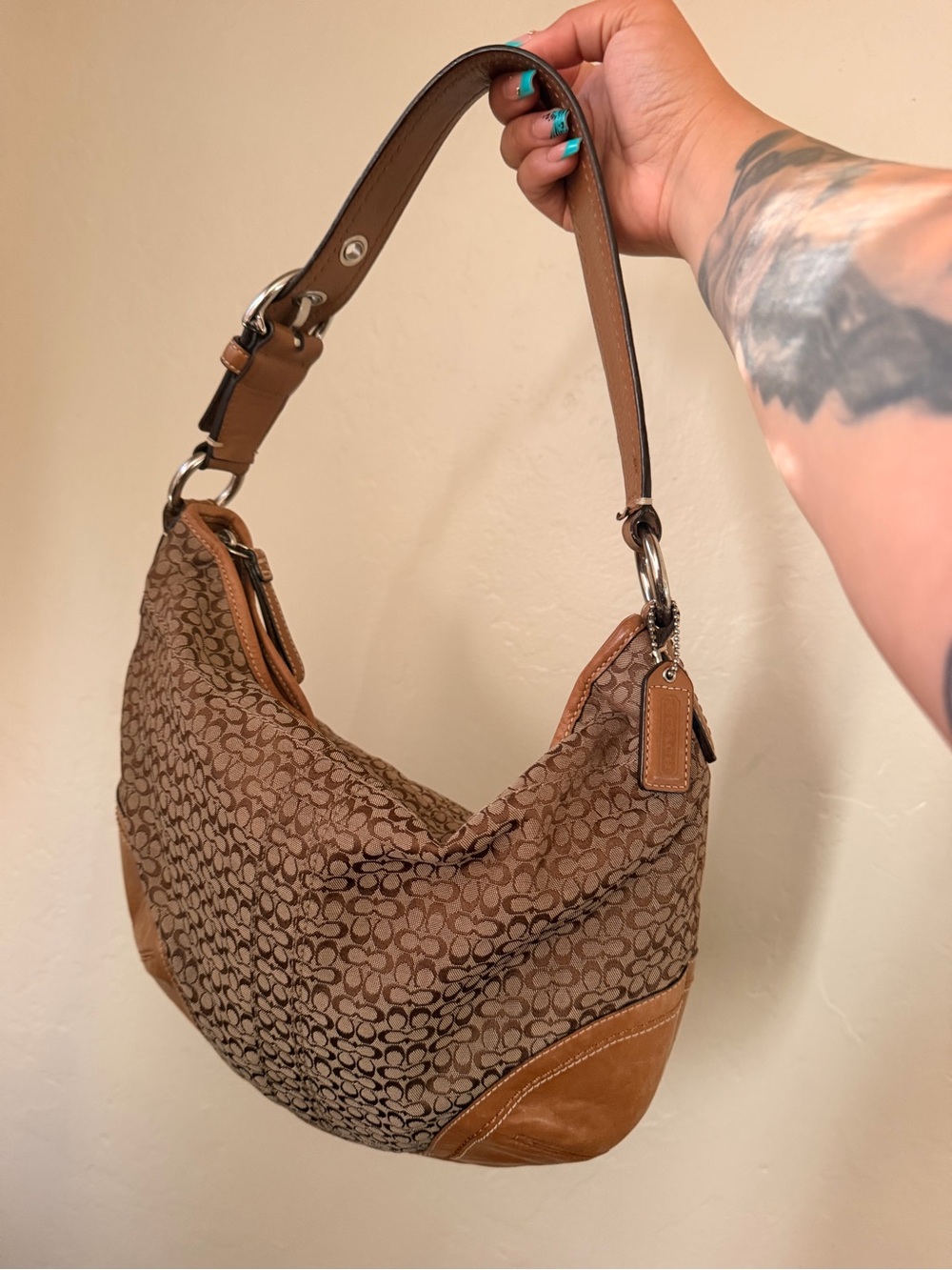 Coach Brown Signature Jacquard Hobo with Leather Trim